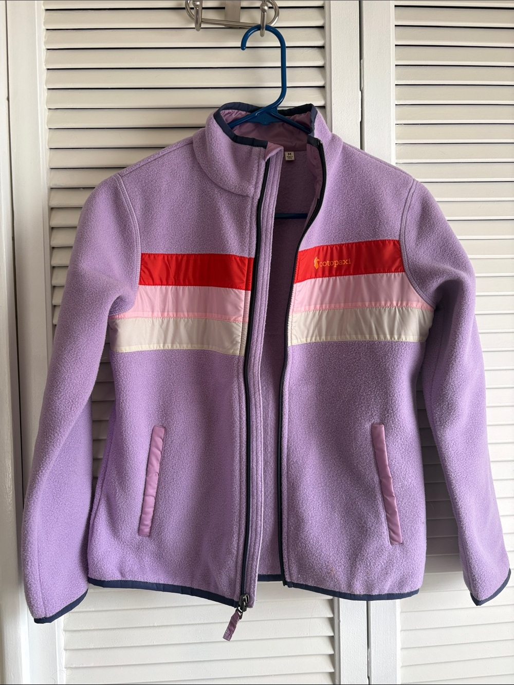 cotopaxi Lavender Kids' Fleece Jacket with Red, Pink and Cream Stripes